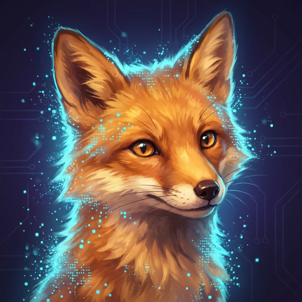 小小涂 — a digital fox spirit with amber fur and cyan glow particles
